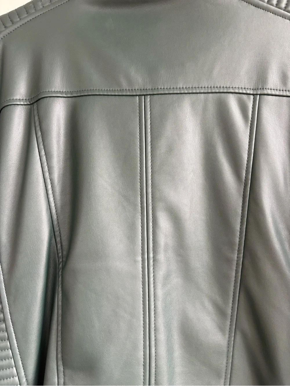 Philosophy Dark Green Faux Leather Moto Jacket Quilted Gold Zip Women’s - Picture 10 of 10
